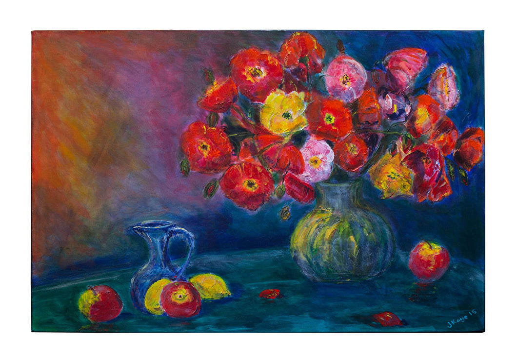 Poppies in a Vase on Table with Jug and Apples